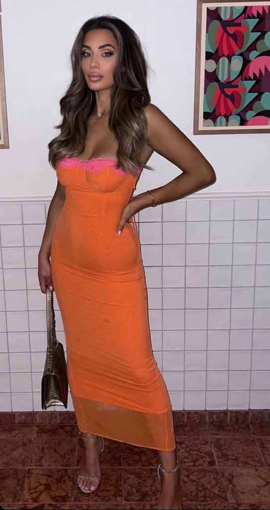 <meta name="keywords" content="mesh dress, floral dress, bodycon dress, maxi dress, corset dress, orange dress, houseofcb">